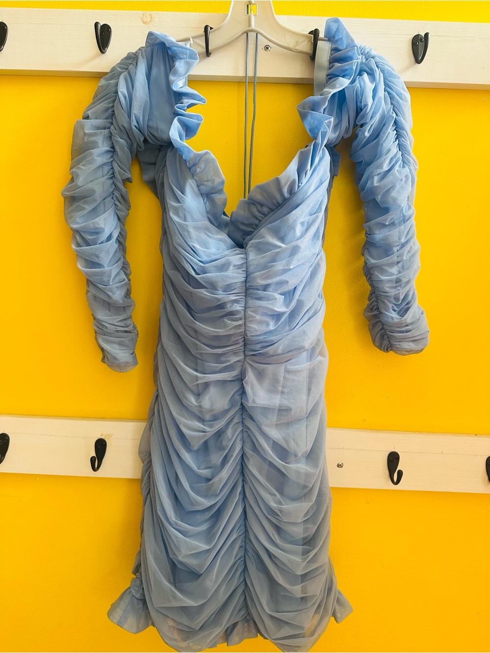 Fashion Nova Powder Blue Ruched Mesh Puff Sleeve Dress